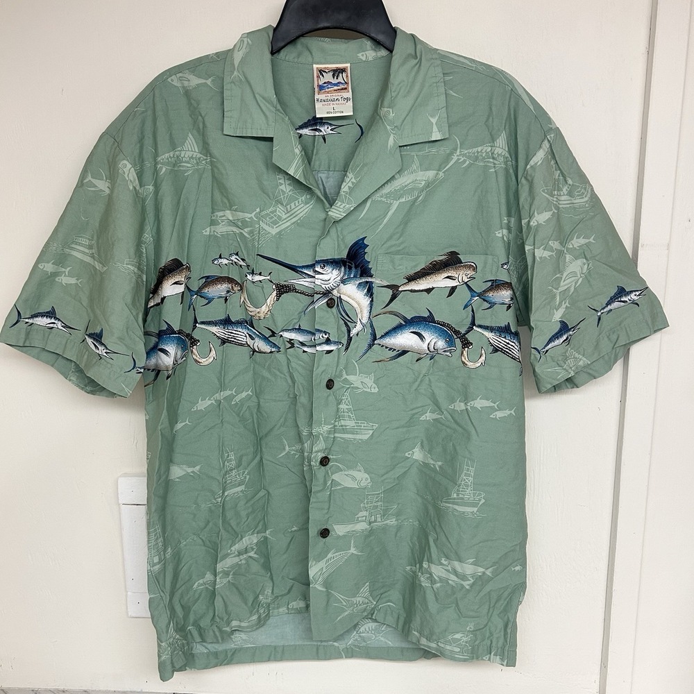 Hawaiian Togs Vintage Mens Large Button Shirt Made in USA Hawaii Marlin Fishing